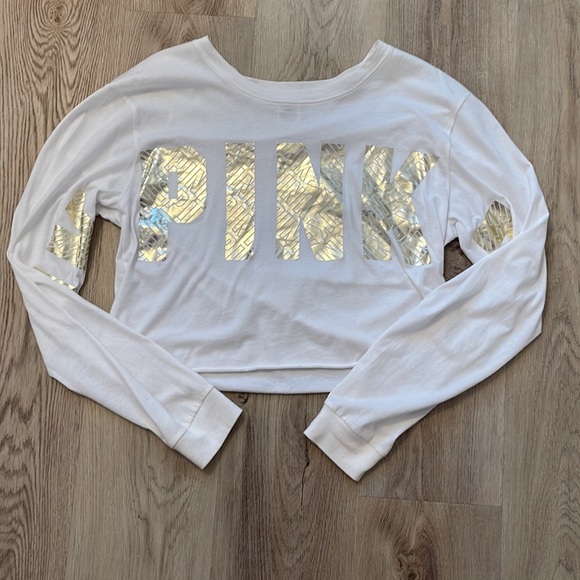 PINK Victoria's Secret Tops - VS PINK white and gold Long sleeve!